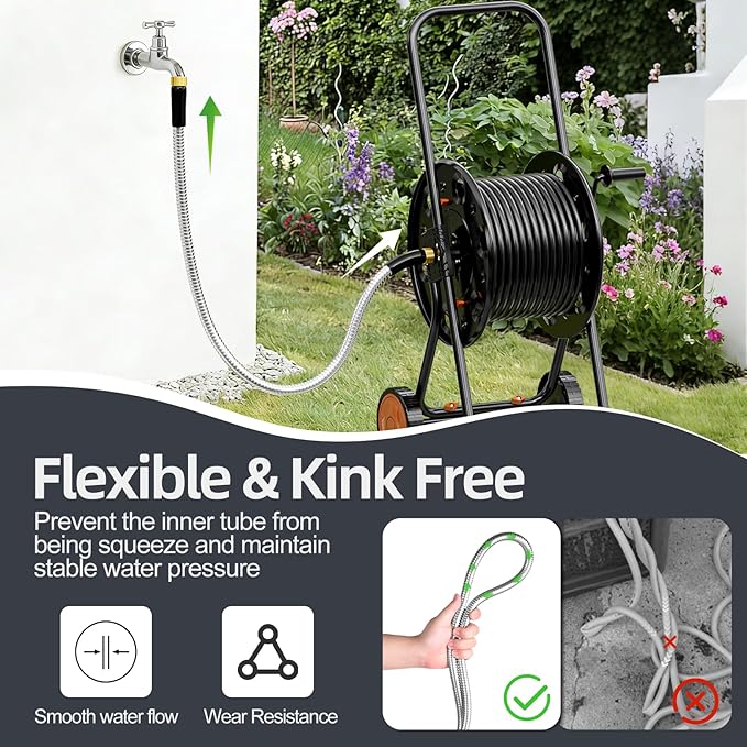 SPECILITE 15FT Short Garden Hose, 1/2" 304 Stainless Steel Leader Hose with Female to Female Brass Fittings, Flexible, Heavy-Duty & Never Kink, Water Pipe for Yard, Outdoor, Lawn