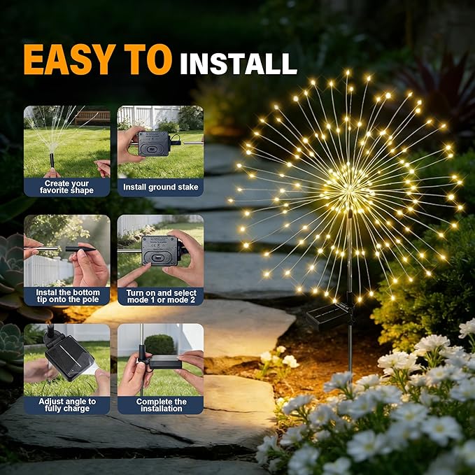 Solar Garden Lights Outdoor Decor Waterproof, 3Pack 120LED Firework Lights for Garden Decorative, Fairy Lights Solar Powered for Yard, Patio,Pathway,Flowerbed,Planter,Party(Warm White)