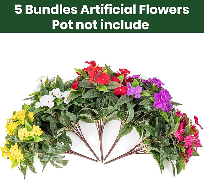 Nigirior Artificial Fake Flowers for Outdoor Décor 5 Bundles UV Resistant Fake Plants for Planter Faux Impatiens for Home Porch/Garden Stunning（5 Color）
