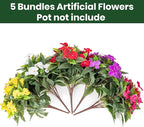 Nigirior Artificial Fake Flowers for Outdoor Décor 5 Bundles UV Resistant Fake Plants for Planter Faux Impatiens for Home Porch/Garden Stunning（5 Color）