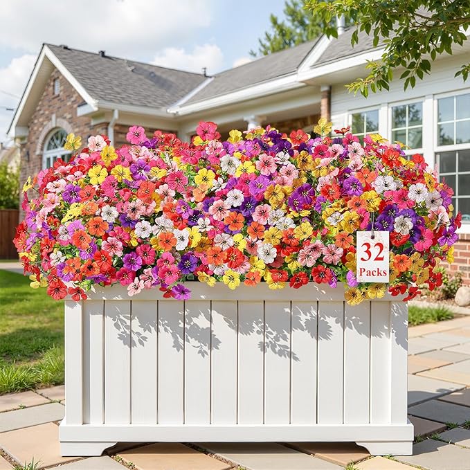 Alupssuc 32 Bundles Artificial Flowers for Outdoors Decoration, UV Resistant Silk Faux Daisy Flora Spring Fake Plastic Plants Greenery for Outside Indoor Yard Home Porch Window Box Decor, Mix 8 Colors