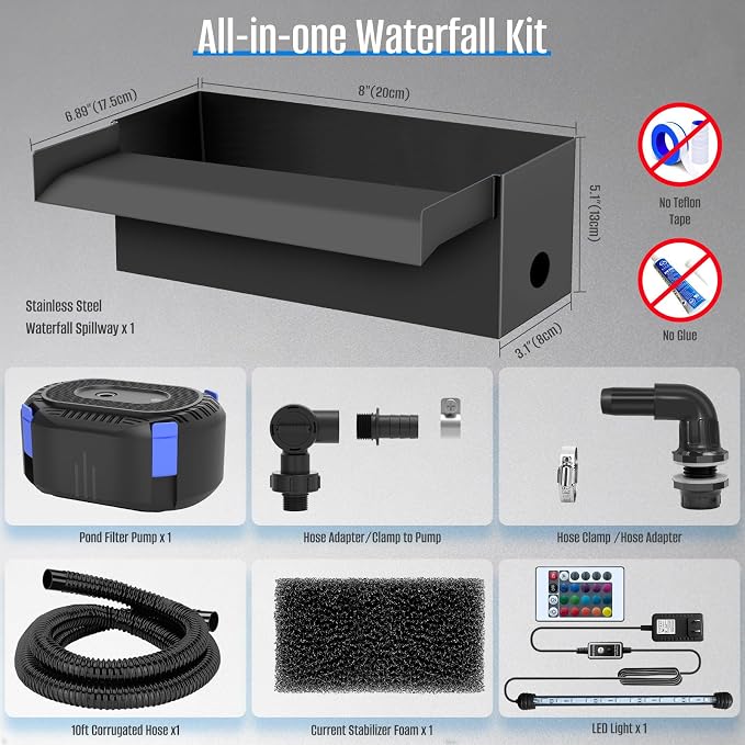 AquaMiracle Complete Outdoor Pond Waterfall Kit with LED Light | 4-Stage Filtration System | 8" Stainless Steel Spillway with 550GPH Water Pump | for Garden Backyard Koi Pond Pool Decoration