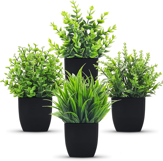Der Rose 4 Packs Fake Plants Small Artificial Mini Faux Plants for Bathroom Home Office Shelf Black Decor Indoor