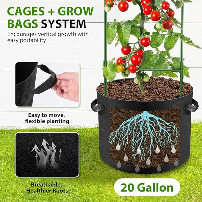 Suntee 3 Pack Tomato Cage with 20 Gallon Grow Bags, 48 Inch Tomato Cages for Garden Patio Balcony, Adjustable Height Tomatoes Plant Support for Climbing Vegetables Plants Flowers