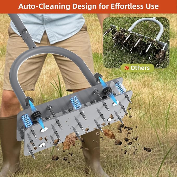 GAINO Manual Lawn Aerator Tool with 15 Spikes, 32"-35" Adjustable T-Handle Aerator for Lawn, Automatic Dirt Ejection Design, Heavy Duty Yard Grass Aerator for Soil Compaction,Gray