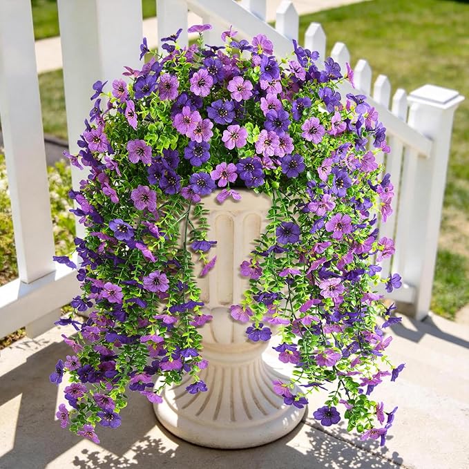Artificial Hanging Flowers Plants for Outdoor Spring Summer Decoration, 2PCS Faux Silk Daisy UV Resistant Look Real for Outside Home Indoor Planter Porch Garden Yard Decor(Dark Orchid)