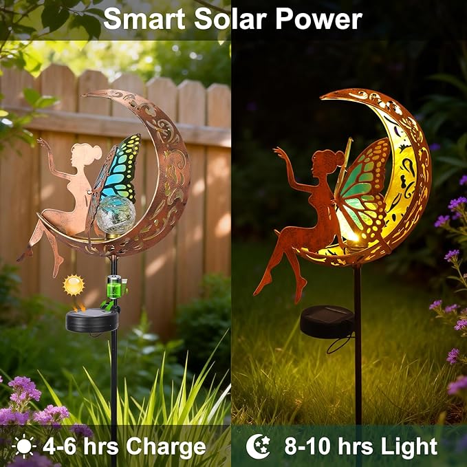 Solar Garden Statues Outdoor Decor with Butterfly Fairy & Moon, Cracked Glass Solar Light Stake, Gradient Wings, Gift for Mother's Day, Housewarming, Pathway & Patio Decor for Yard, Lawn & Garden