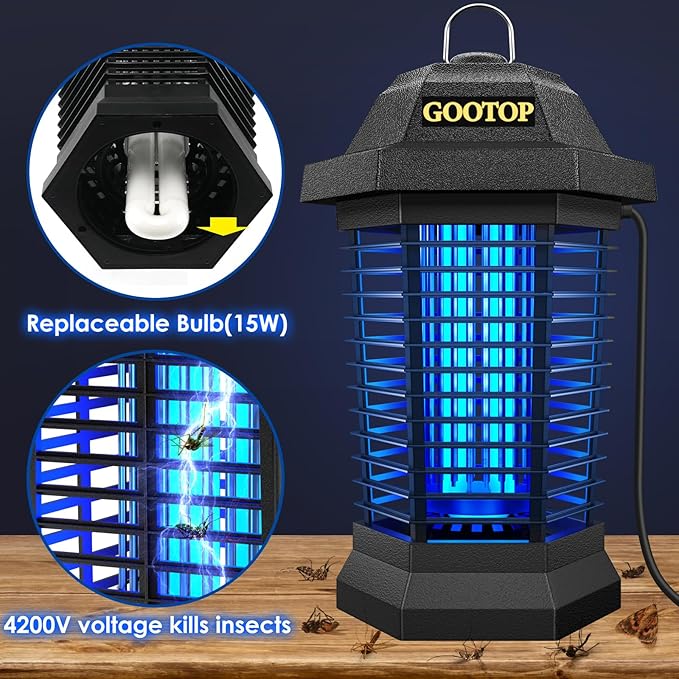 GOOTOP Bug Zapper Outdoor, Mosquito Zapper, 3 Prong Plug in Electric Fly Zapper, Mosquito Killer, Fly Traps, Flying Insects Zapper Indoor Outdoor, 4200V, ABS Plastic Outer (Black)