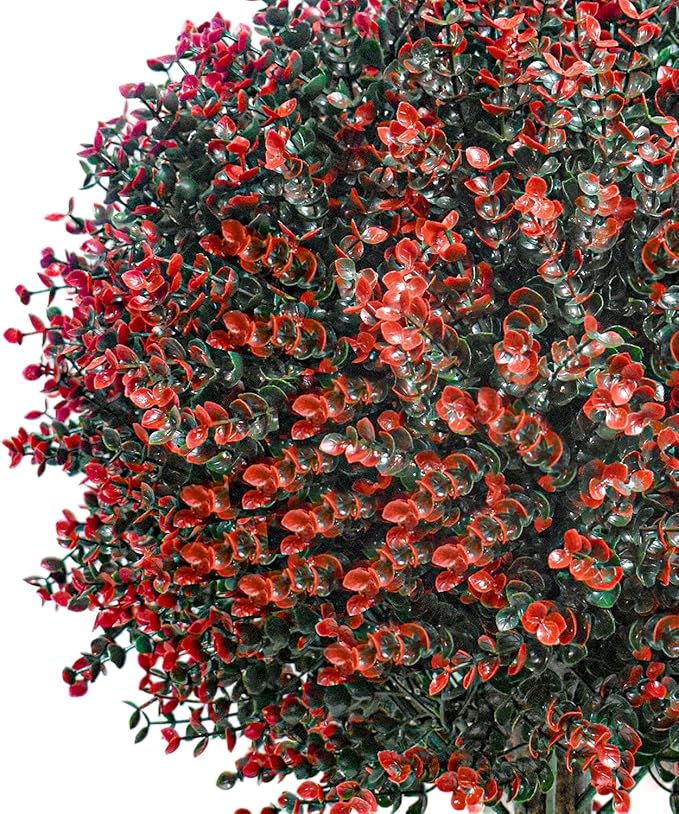 2 Pack 24" Red Rose Boxwood Topiary Ball Trees with Ground Stakes– UV Resistant Fake Shrubs & Bushes for Outdoor Porch, Front Door & Garden Planter Decor