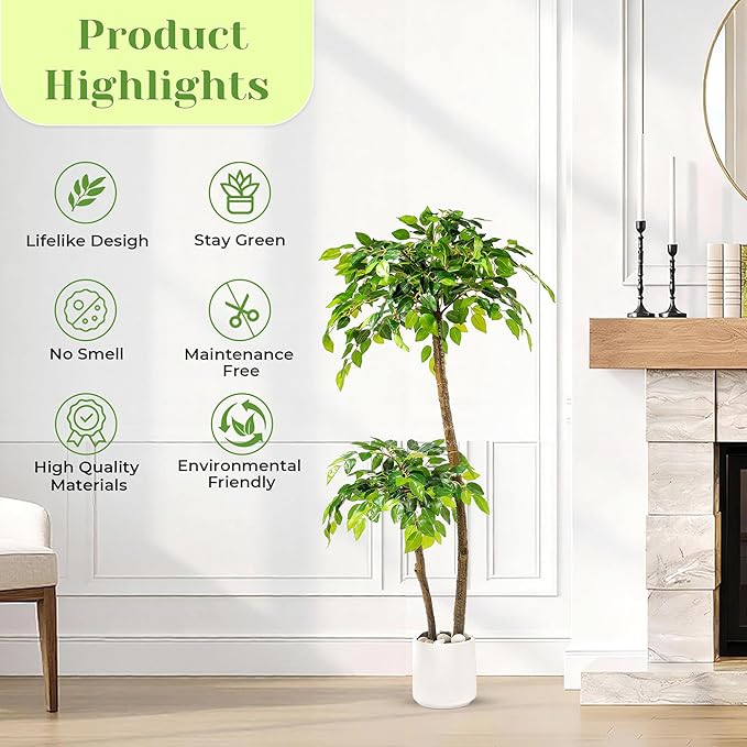 4FT Artificial Ficus Tree with White Planter and Pebbles,Faux Silk Tree with Lifelike Leaves and Realistic Trunk,Tall Fake Potted Plant for Home and Office Décor Indoor and Outdoor (4FT)