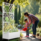 Casaphoria Metal Raised Garden Bed with Trellis and Wheels, 72"x35"x16" Planter Box for Climbing Plants, Vegetables & Vines, Features Drainage Holes and Privacy Screen, White-Rhombus