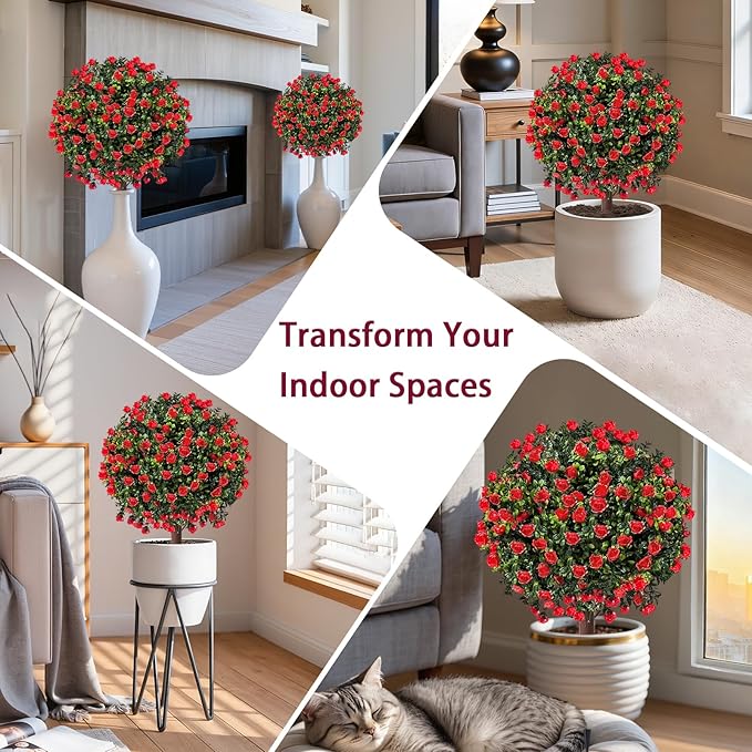 Artificial Boxwood Topiary Ball Trees with Red Rose, Set of 2 UV Resistant Fake Evergreen Shrubs Bushes Plants with Ground Spike, 18" Fake Plants for Outdoor Indoor Front Porch Garden