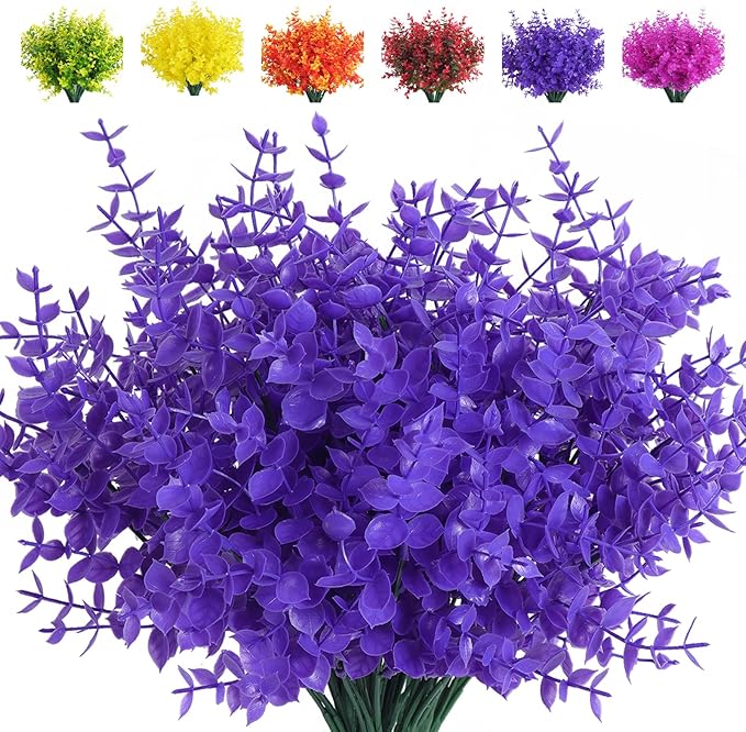 RECUTMS Artificial Plants Outdoor Artificial Ferns for Outdoors Purple Plants Outside Plastic Flowers for Outdoor Artificial Boxwood Greenery Fake Plants for Window Box(Pure Purple Eucalyptus)