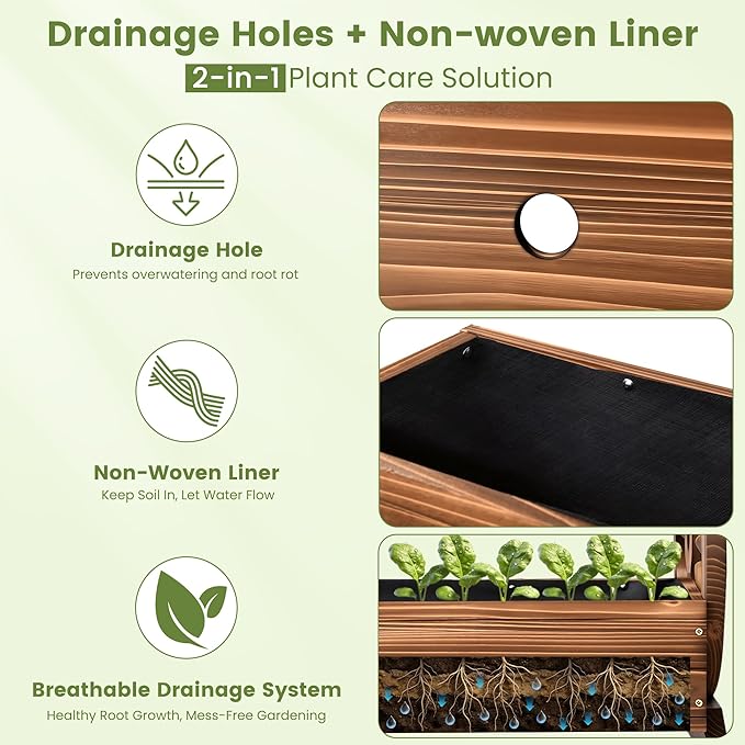 Wooden Wagon Planter Box, Extra Large 2-Tier Decorative Flower Cart with Wheels, Rustic Wood Planter with Drainage Holes & Non-Woven Liner, Raised Garden Bed for Flowers Herbs Vegetables