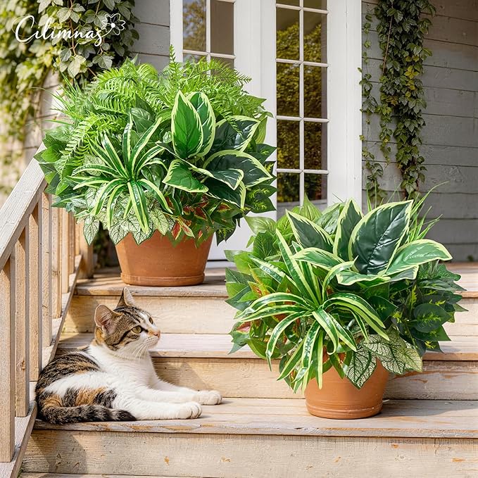Artificial Plants Outdoor,12PCS UV Resistant Fake Greenery with Stems Faux Plant Outside for Front Proch Garden Patio Planters Window Boxes Home Decor(Not Included Pot)
