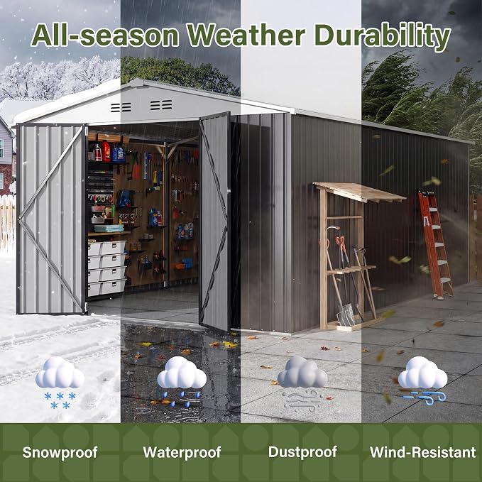 Polar Aurora 10x16 Outdoor Storage Shed, Garden Shed with Updated Frame Structure and Lockable Doors, Metal Tool Sheds for Backyard Garden Patio Lawn, White