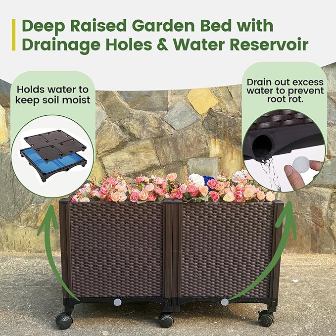 MAYOLIAH Deep Root Raised Garden Bed on Wheels Outdoor Large Plastic Planter Box with Drain Plugs, 31.5x15.7x19.7-inch Brown
