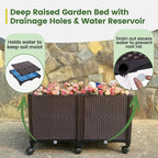 MAYOLIAH Deep Root Raised Garden Bed on Wheels Outdoor Large Plastic Planter Box with Drain Plugs, 31.5x15.7x19.7-inch Brown
