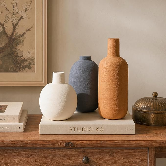 Ceramic Vase Set, Rustic Distressed Large Flower Vases in Pottery Decor, Modern Boho Farmhouse Decor for Pampa Grass, Dried & Fresh Flower, Decorative Vase for Living Room, Kitchen, Entryway, Rust Red