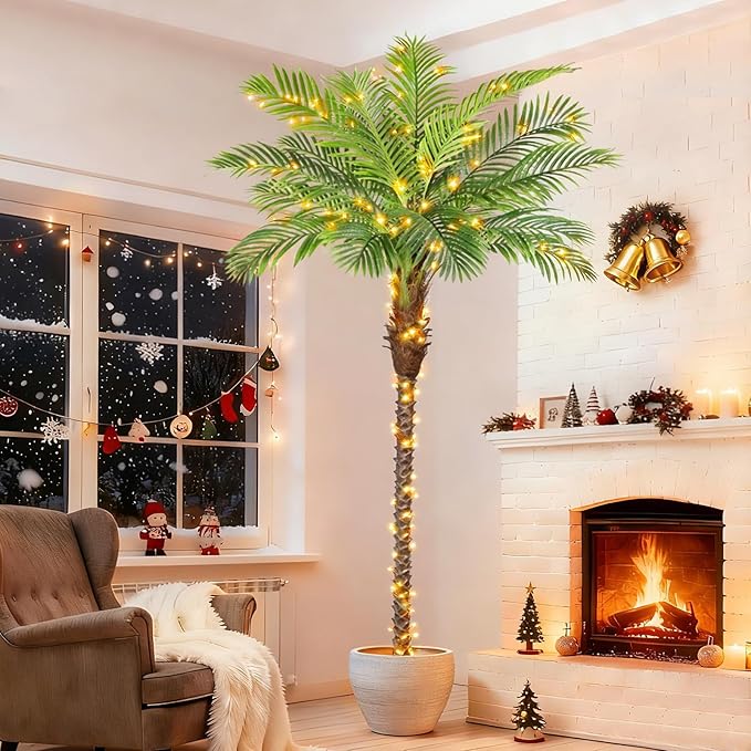 8.5ft Tall Artificial Phoenix Palm Tree for Outdoors Indoor Decor, Large Faux Coconut Silk Palm Tree Tropical Fake Tree Perfect for Outside Patio Poolside Porch Home Office Decor (Set of 2)