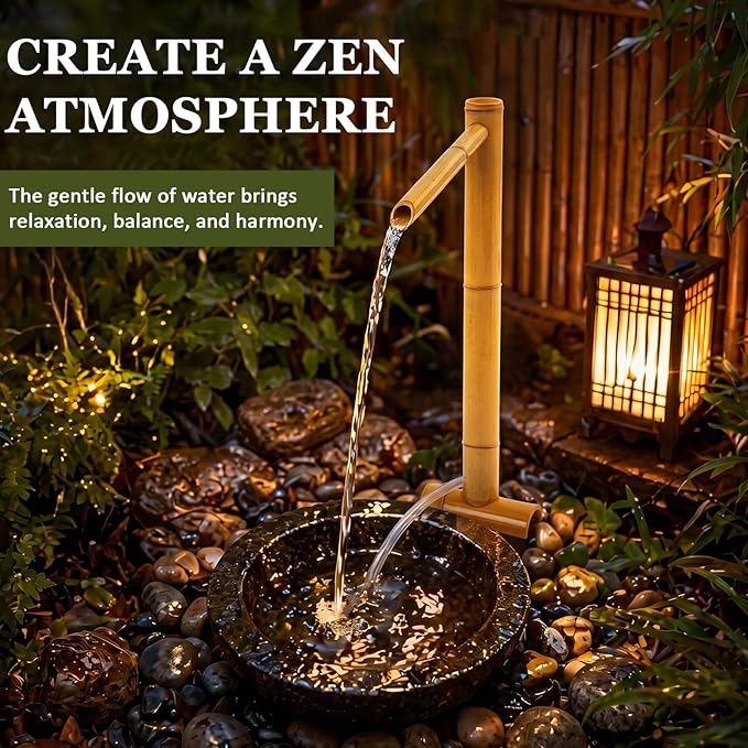 36'' Natural Bamboo Fountain Kit with Adjustable Split-Resistant Spout Quiet Pump and Tubing Japanese Water Feature for Zen Outdoor Patios Landscaping Garden Decor (Traditional)