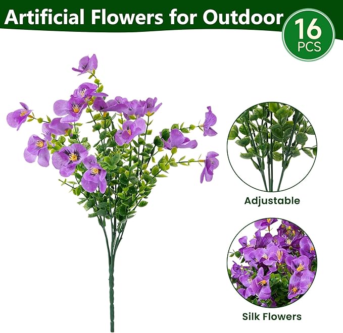 Artificial Flowers for Outdoor, UV Resistant Fake Silk Pansies Flowers, Realistic Faux Plants for Outside Indoor Porch Patio Window Box Planter Home Decor (16, Purple)