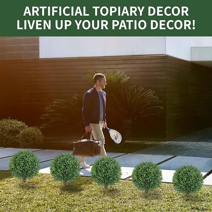 24.8" Artificial Boxwood Topiary Ball Tree with Ground Plugs [Set of 2] UV Protected Artificial Shrubs, Fake Evergreen Artificial Plants for Indoor and Outdoor Porch Garden
