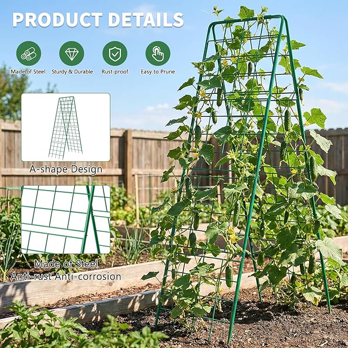 2 Pack Cucumber Trellis, 71" High Foldable A-Frame Garden Trellis for Raised Bed Garden Grow Support with Plant Support Clips Ties for Cucumber,Tomato, Climbing Plants and Flowers