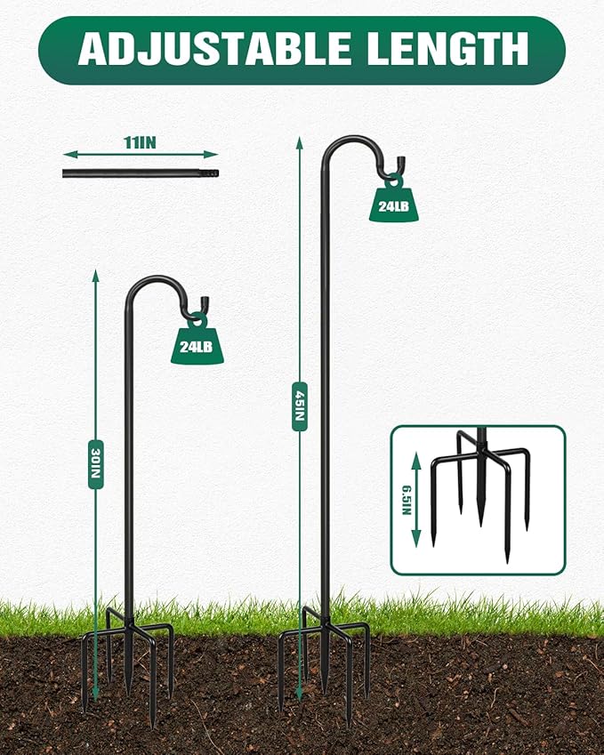 Breeze Touch 2Pack 45 Inch Adjustable Shepherd Hooks for Outdoor Outside, Heavy Duty with 5 Prongs Base, for Hanging Lantern, Hummingbird Feeder, Lightweight Plant, Wind Chime, Bird Feeder Hanger
