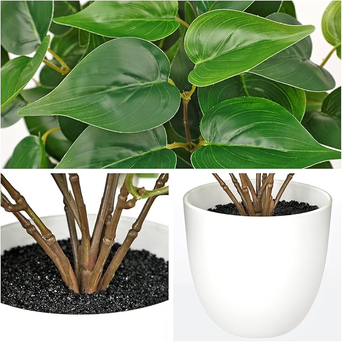Artificial Pothos Plants in White Pot - 15.7" Fake Philodendron Plant Indoor Silk Faux Pothos Plants Faux Greenery Potted Small Artificial Potted Plant for Office Desk Shelf Bathroom Home Decor