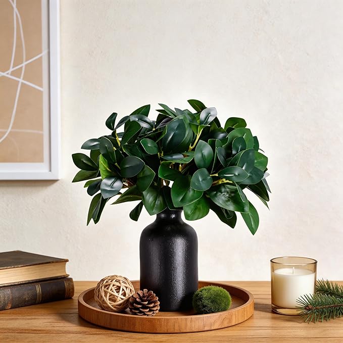 12 Inch Artificial Plant Indoor,Small Fake Plants Eucalyptus Stems With Vase,Faux Greenery In Pot For Farmhouse Home Decor,Bathroom Living Room Kitchen Office Coffee Table Centerpiece (Black)
