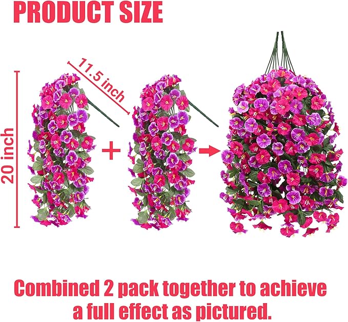 Artificial Fake Hanging Flowers Plants for Outdoor Outside Spring Summer Decoration 4PCS Faux Silk UV Resistant Realistic Morning Glory Trailing Vines for Home Porch Patio Balcony(Rose red & Magenta)