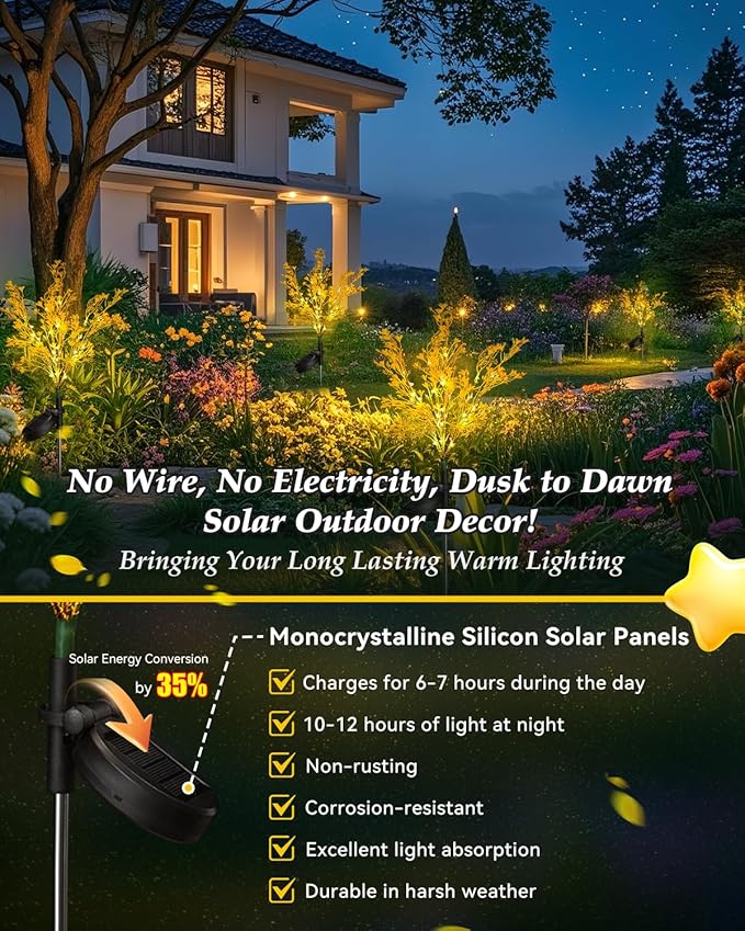 Neporal Solar Lights Outdoor Decorative 2PK, 7-Stems Golden Solar Flowers Outdoor Waterproof for Garden, Yard, Patio,Flower Pots - Gardening Gifts for Women