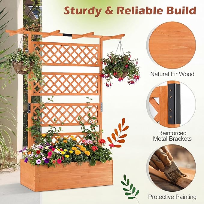 Giantex Raised Garden Bed with Trellis, 72'' Wooden Planter Box Outdoor w/Privacy Screen Roof, Large Vertical Garden Planter w/Drainage Holes for Climbing Plants, Patio Balcony Backyard