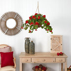 Nearly Natural 24in Artificial Geranium Hanging Basket Faux Floral Plant for Indoor Home Porch Decor, Red