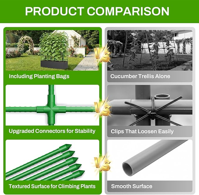 U-Shape Cucumber Trellis with Grow Bag, 64" Tall Metal Garden Trellis for Climbing Plants Outdoor, Reusable Cucumber Trellis for Raised Bed with Garden Netting for Tomatoes, Peas, Plant Vines Support
