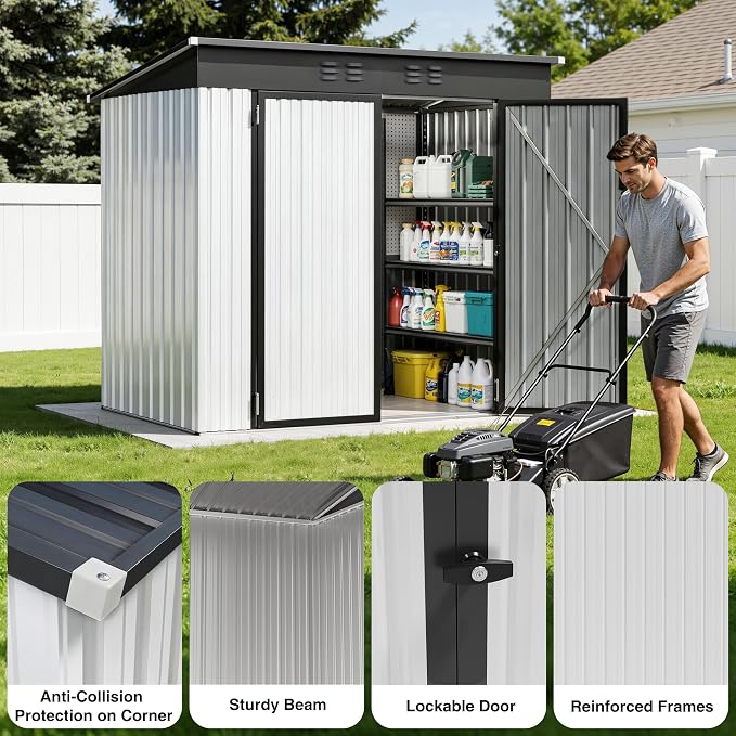 6 x 4FT Sheds & Outdoor Storage,White Metal Waterproof Storage Shed with Door and Lock Outdoor Shed,All-Weather Shelter for Bike, Gardening Tools, Lawn Mowers
