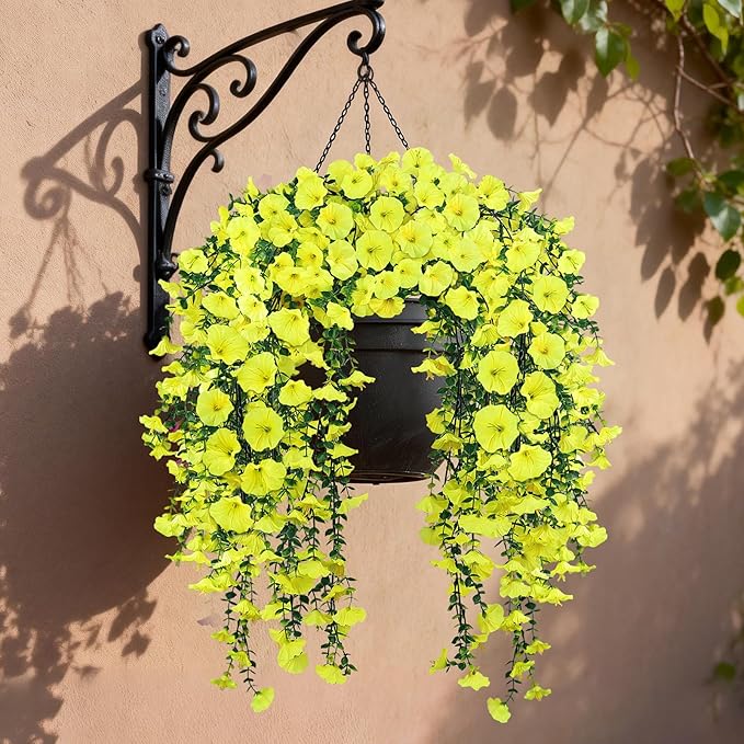Artificial Hanging Flowers for Outdoors, 4 PCS 600 Blooms UV Resistant Morning Glory Faux Silk Vines, No-Odor Realistic Fake Plants for Garden Planter Porch Patio Decoration, Yellow