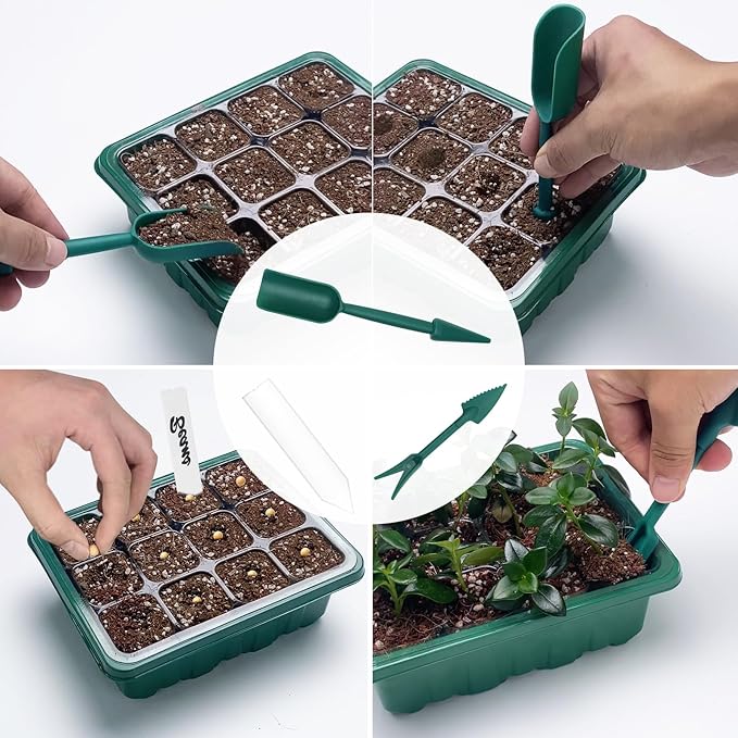 Qoolife Seed Starter Tray with Plant Light, 2 Pack Grow Lights for Seed Starting Kit with Humidity Domes, Timing Controller Adjustable Brightness for Greenhouse Propagator Station Planting Growing