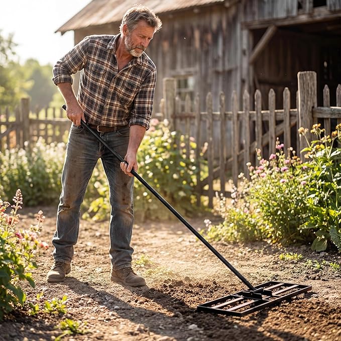 Goplus Lawn Leveling Rake, 30" x 10" Heavy Duty Level Lawn Tool w/ Ergonomic Handle for Soil, Effort-Saving Landscape Rake for Garden, Backyard, Golf Course, Farm, Pasture (Black)