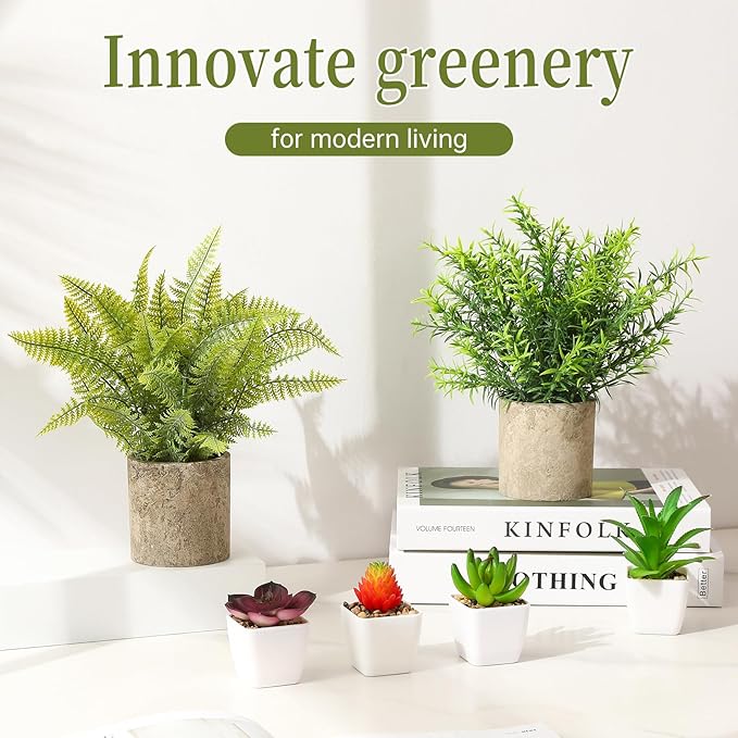 Veryhome 6Pcs Small Fake Plants - Mini Succulents Plants Artificial Greenery Potted Plant Indoor, Faux Rosemary Fern in Pots for Home Room Office Desk Table Shelf Bathroom Modern Farmhouse Decor