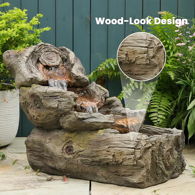 Sunlinua 23.62" L Outdoor Water Fountain with 3 Tiers Cascading Realistic Tree Trunk Waterfall Fountains with LED Lights Outdoor Water Fountain for Garden Patio Backyard Porch Home Decor