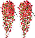 INXUGAO Fake Artificial Hanging Flowers for Outdoors Fake Plants Decoration, 2 Bundles Faux Silk Colorful Daisy Eucalyptus Realistic UV Resistant for Outside Home Planter Porch Patio Yard Decor(Red)