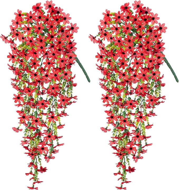 INXUGAO Fake Artificial Hanging Flowers for Outdoors Fake Plants Decoration, 2 Bundles Faux Silk Colorful Daisy Eucalyptus Realistic UV Resistant for Outside Home Planter Porch Patio Yard Decor(Red)