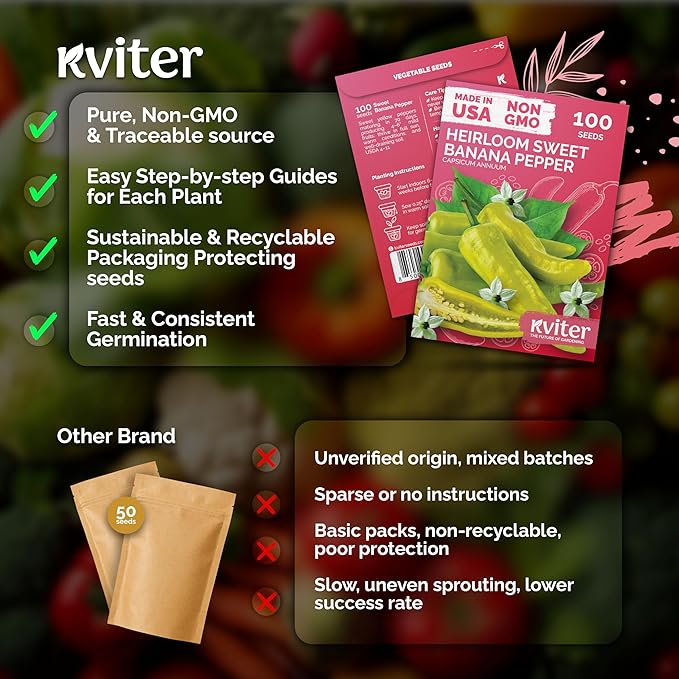 KVITER 100 Sweet Banana Pepper Seeds for Planting (Capsicum Annuum) – Yellow Bell Pepper Seed Packets – Non GMO Heirloom Vegetable Seeds for Planting Indoor Garden & Outdoor, Containers