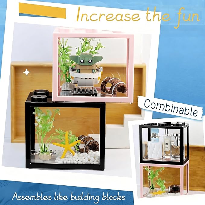 Small Betta Fish Tank, Stackable Mini Fish Tank Tiny Aquarium Kit with Aquarium Gravel & Resin Decorations, 0.6 Gallon Cube Desktop Fishbowl for Snails, Crabs, Starfish (Black)