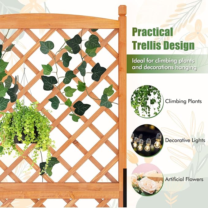 HAPPYGRILL Raised Garden Bed with Trellis, Large Planting Box w/Drainage Holes, 60” Wooden Garden Planter w/Diamond Lattice Trellis for Climbing Plants, Outdoor Planter Box for Patio (1, Orange)