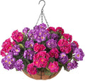 INSPRING Geraniums Artificial Flowers Hanging Basket for Outdoors Outside Spring Decoration, 8 Bundles Silk Flowers Fake Plants Look Real UV Resistant for Porch Home Patio Balcony Yard, Purple Fuchsia