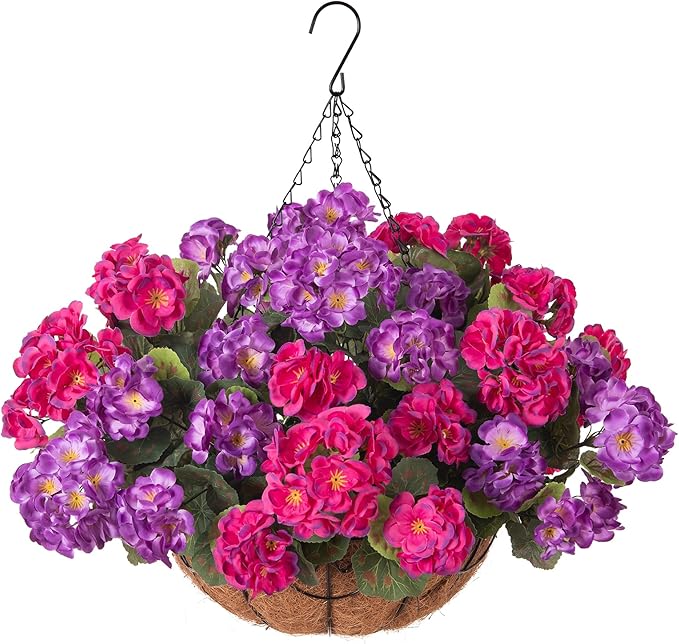 INSPRING Geraniums Artificial Flowers Hanging Basket for Outdoors Outside Spring Decoration, 8 Bundles Silk Flowers Fake Plants Look Real UV Resistant for Porch Home Patio Balcony Yard, Purple Fuchsia
