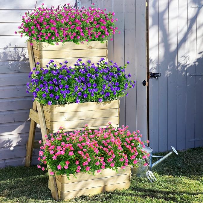 12 Bundles Outdoor Artificial Flowers UV Resistant Fake Boxwood Plants, Faux Greenery for Indoor Outside Hanging Plants Garden Porch Window Box Home Wedding Farmhouse Décor (Pink)